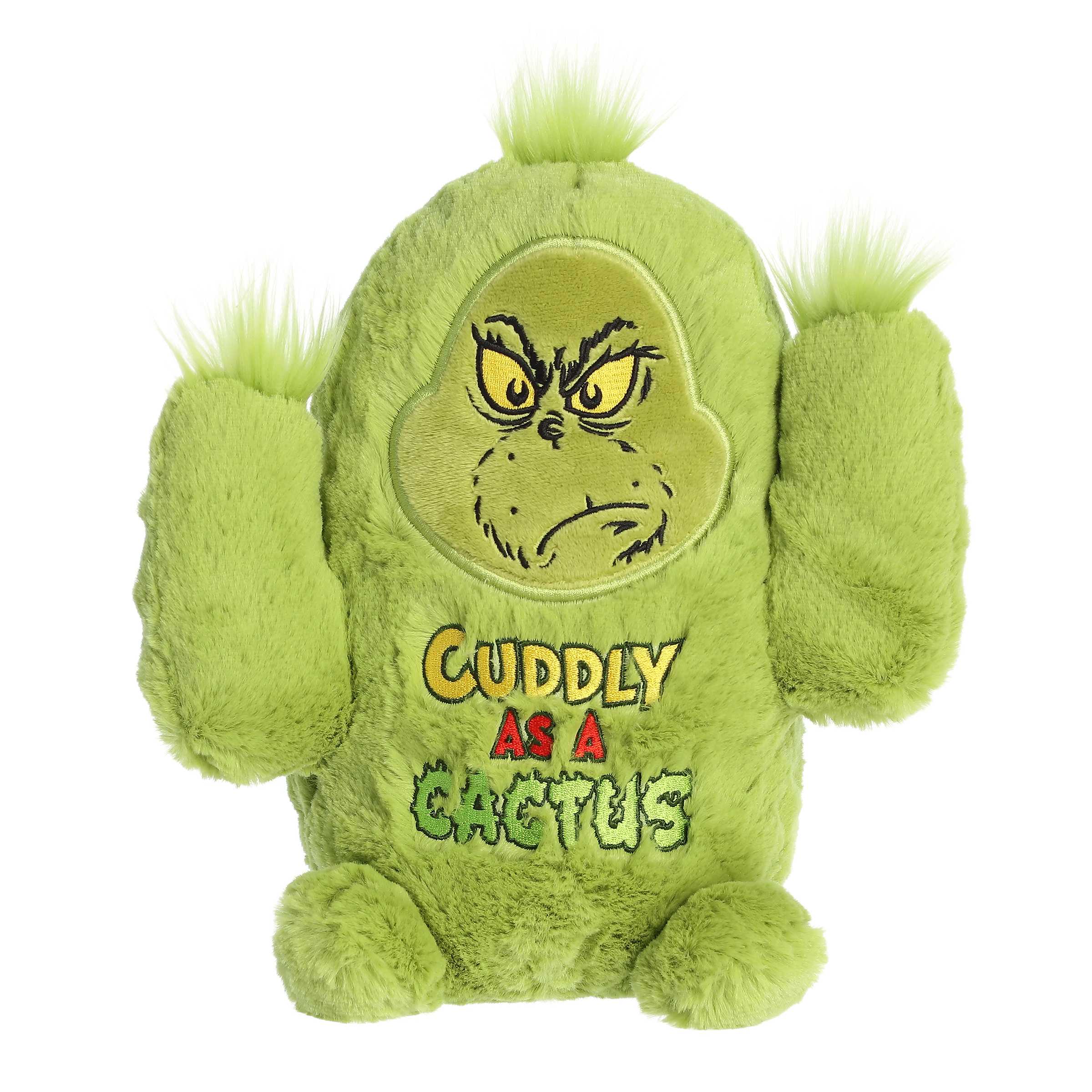 Soft, huggable Grinch Plush with iconic scowl, resembling a cactus with "cuddly as a cactus" embroidered.