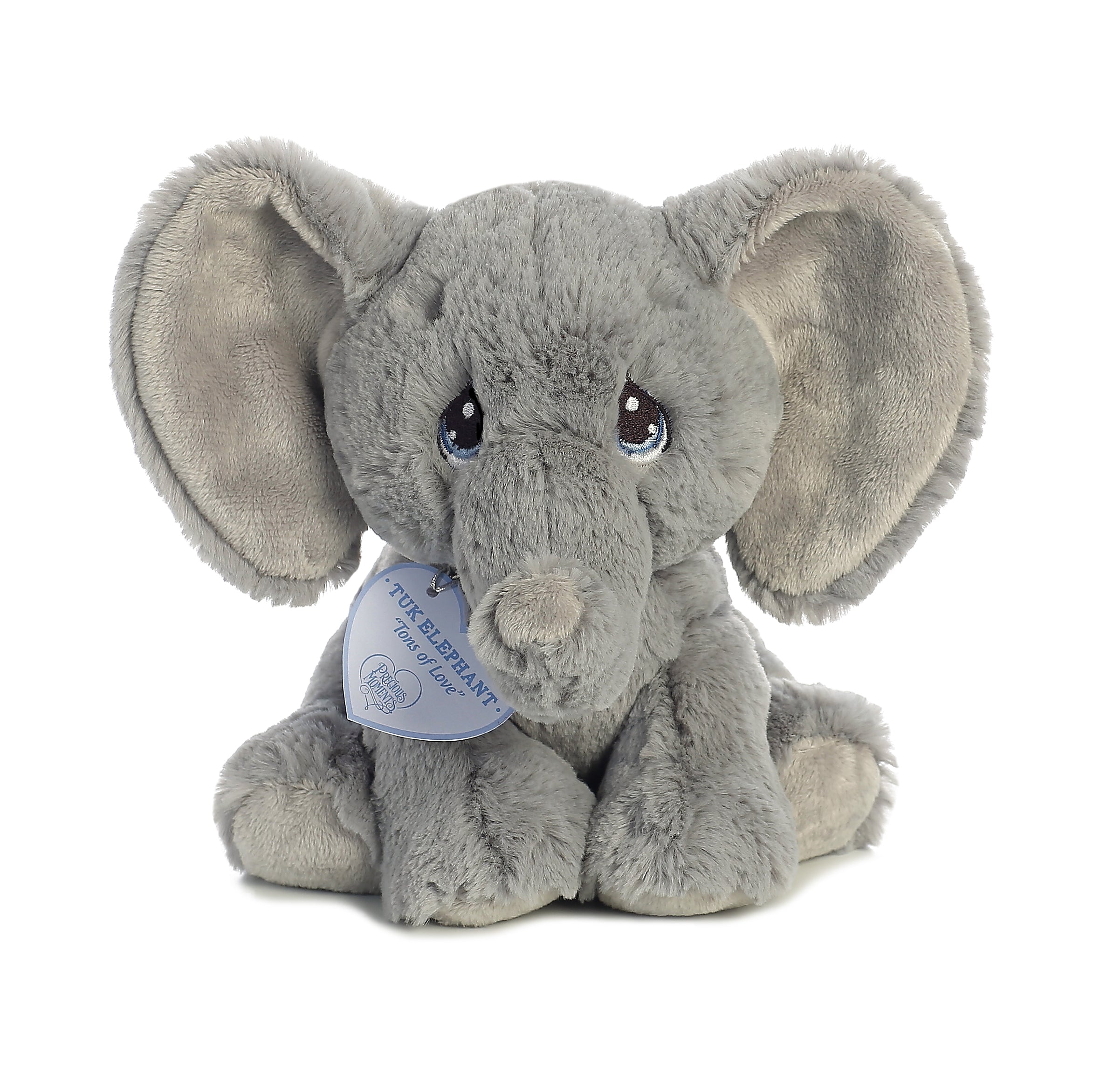 A grey elephant plush toy from Precious Moments by Aurora with floppy ears and a sweet expression.