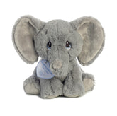 A grey elephant plush toy from Precious Moments by Aurora with floppy ears and a sweet expression.