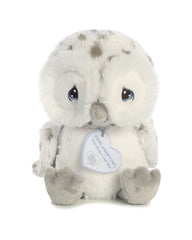 A snowy owl plush toy from Precious Moments by Aurora with white and grey fur and large embroidered eyes.