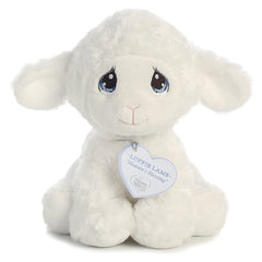 A lamb plush with tear-drop eyes, cloud-like white fur, and a precious moments inspirational tag on its neck.
