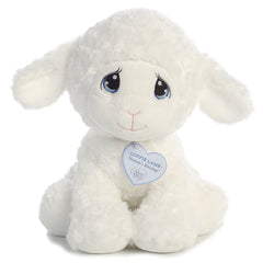 A lamb plush with tear-drop eyes, cloud-like white fur, and a precious moments inspirational tag on its neck.