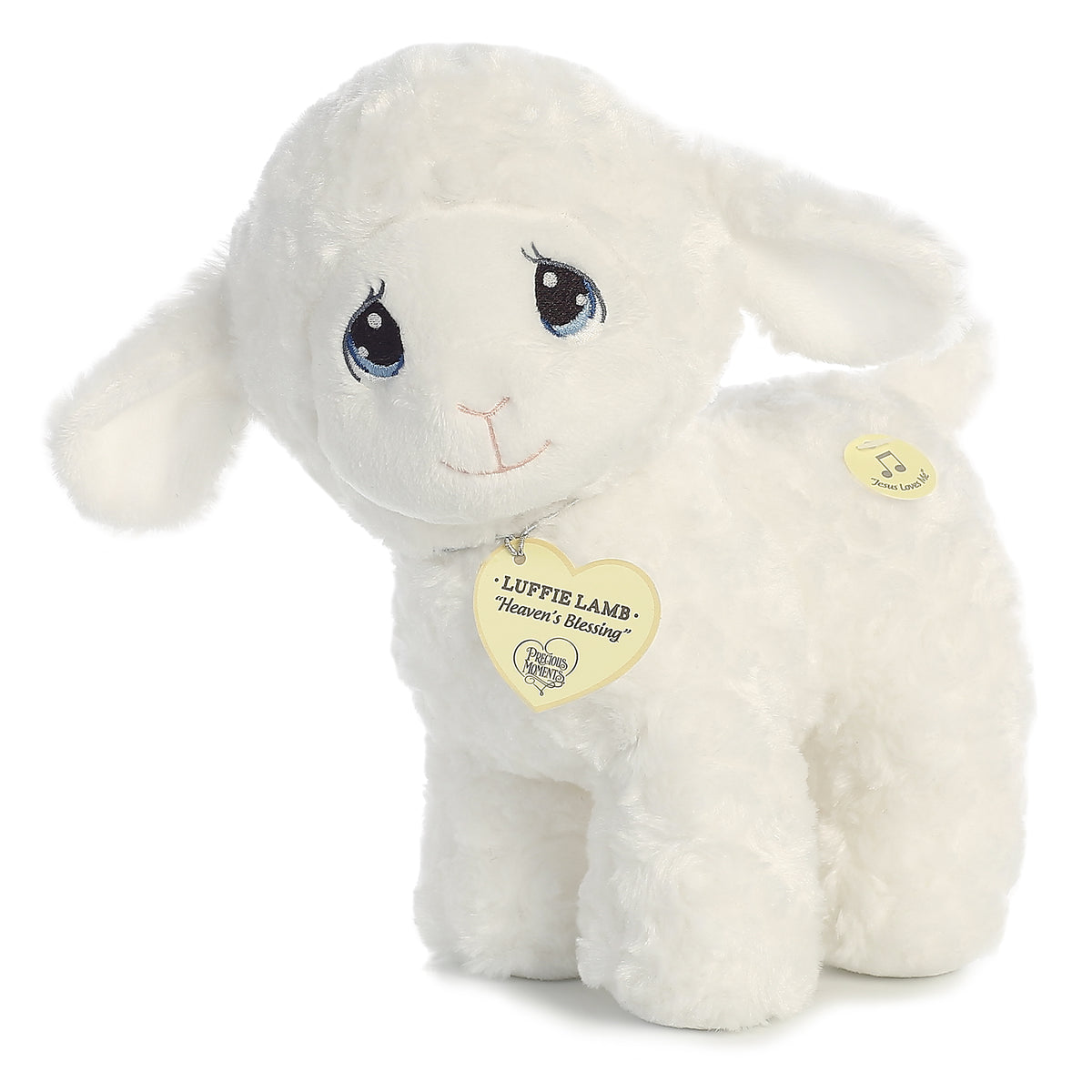 A lamb plush with tear-drop eyes, cloud-like white fur, and a precious moments inspirational tag on its neck.