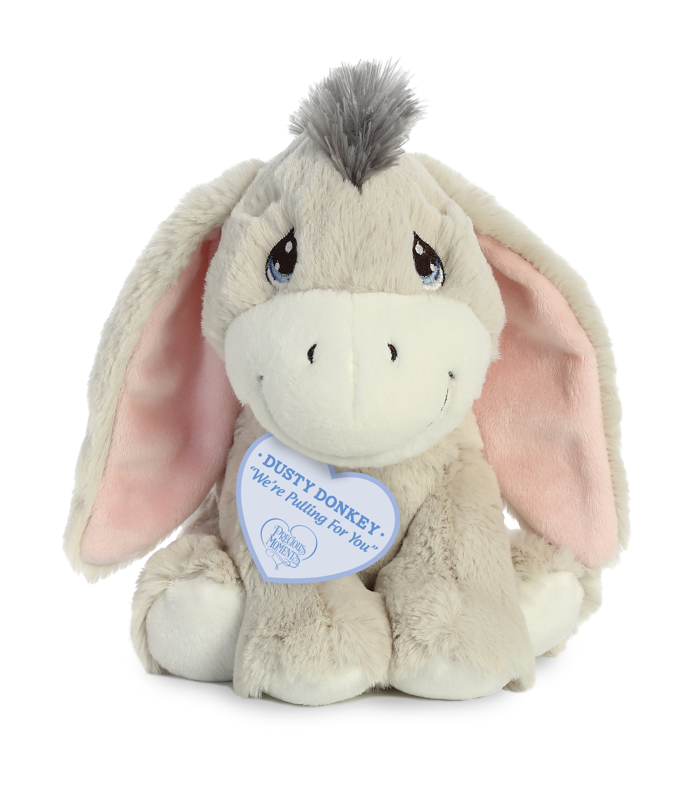 A grey donkey plush toy from Precious Moments with pink-lined floppy ears and a tuft of hair on its head.