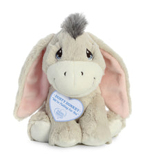 A grey donkey plush toy from Precious Moments with pink-lined floppy ears and a tuft of hair on its head.