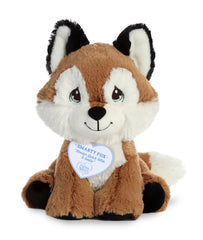 A brown, white, and black fox plush toy from Precious Moments with a fluffy tail and pointed ears.