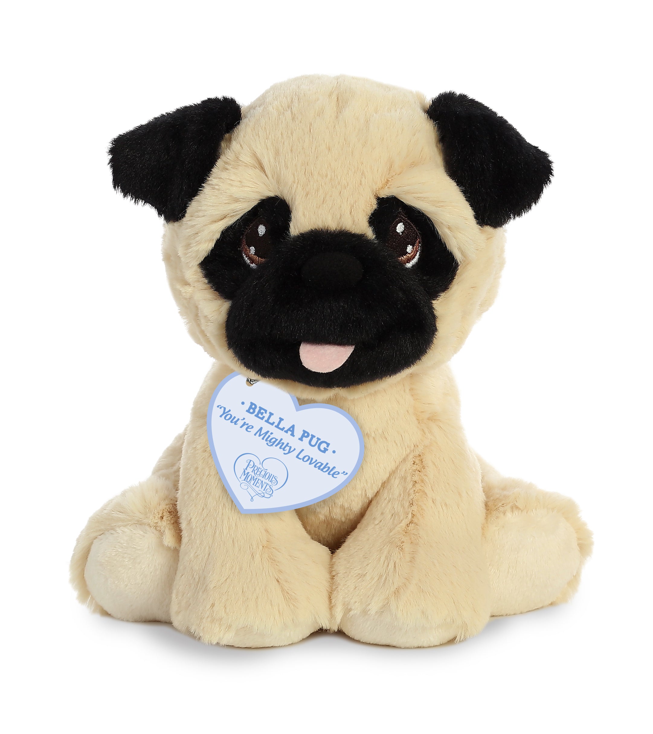 A beige pug plush toy from Precious Moments with a black face and a little pink tongue sticking out.