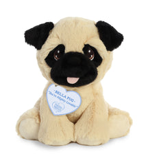 A beige pug plush toy from Precious Moments with a black face and a little pink tongue sticking out.