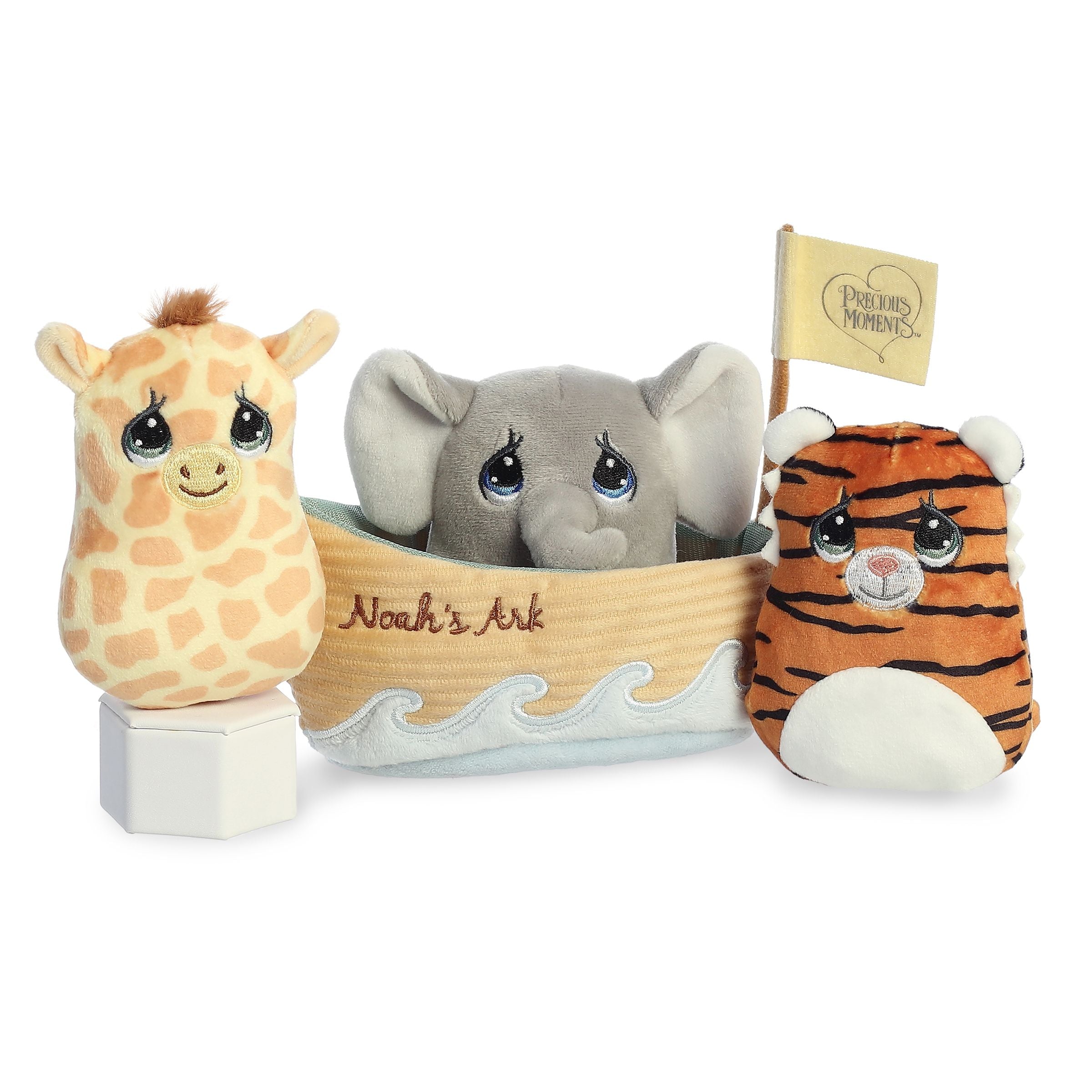 Noah's Ark Playset from Precious Moments, including plush giraffe, elephant, and tiger in a fabric ark