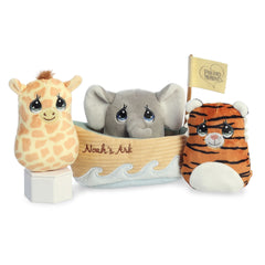 Noah's Ark Playset from Precious Moments, including plush giraffe, elephant, and tiger in a fabric ark