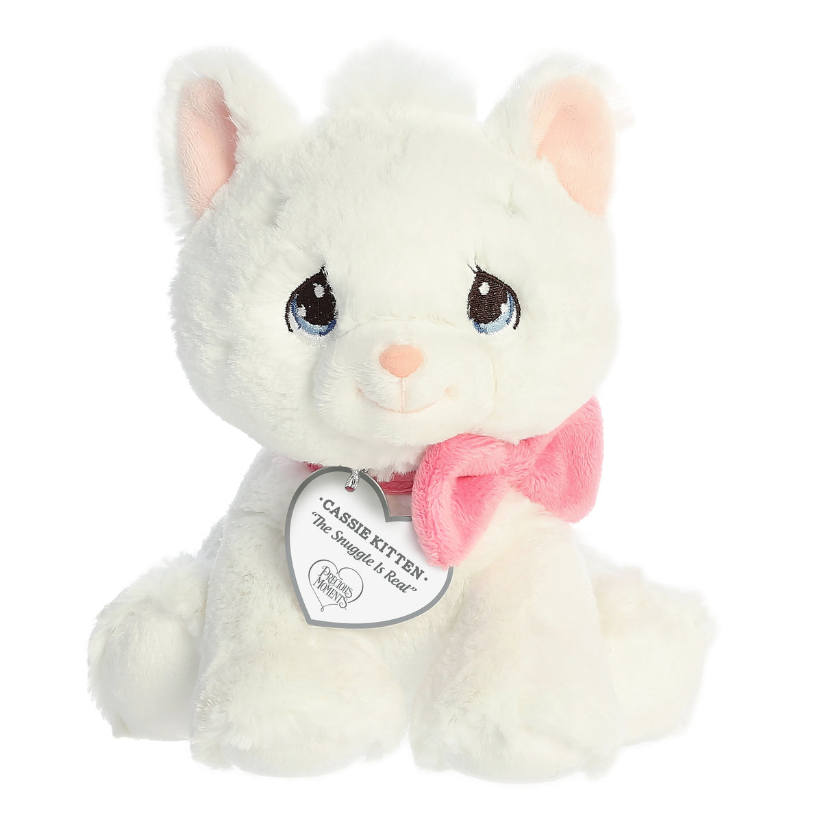 A seated all-white kitten plush with tear-drop eyes, pink bow, and a precious moments inspirational tag around its neck.