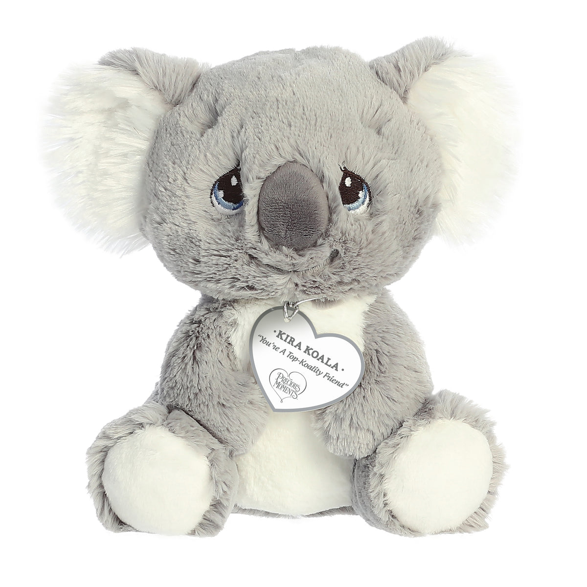 A seated gray koala plush with tear-drop eyes and a precious moments inspirational tag around its neck.
