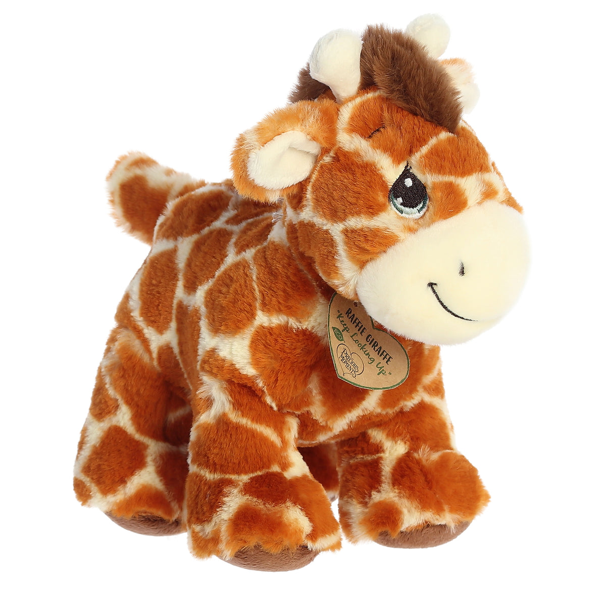 An eco-friendly giraffe plush with tear-drop eyes, traditional pattern, and a precious moments inspirational tag on its neck.
