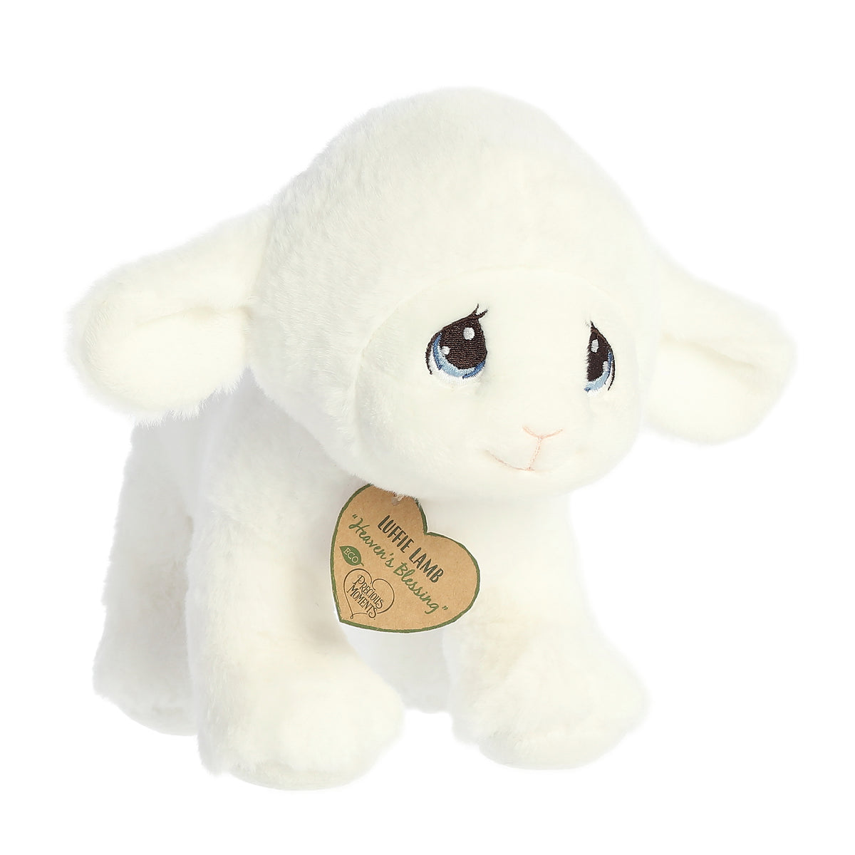 An eco-friendly lamb plush with tear-drop eyes, cloud-like white fur, and a precious moments inspirational tag on its neck.