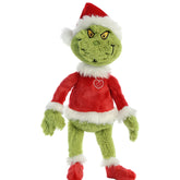 Grinch Santa plush from Dr. Seuss x Aurora, sporting a Santa suit and a mischievous grin, perfect for holiday cheer.