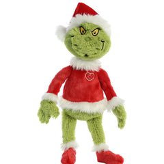 Grinch Santa plush from Dr. Seuss x Aurora, sporting a Santa suit and a mischievous grin, perfect for holiday cheer.