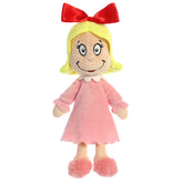 Cindy Lou Who plush from Dr. Seuss x Aurora, with yellow hair and a pink dress, perfect for fans of Whoville's cheer