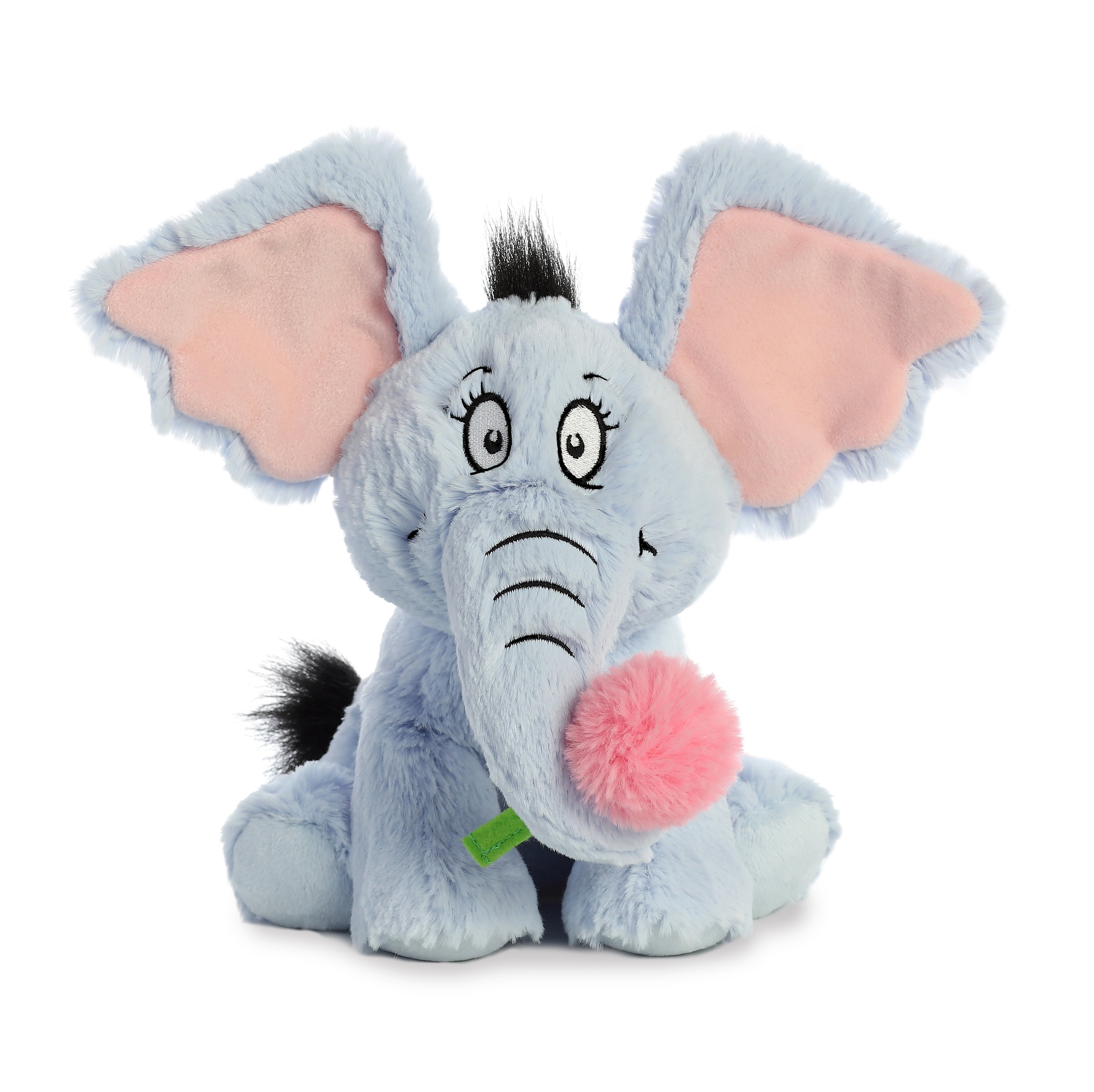 Horton plush from Dr. Seuss by Aurora, holding a pink flower, with soft blue fur, ideal for nurturing storytime
