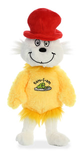 Sam I Am plush from Dr. Seuss by Aurora, featuring a yellow body and 'Sam-I-am' patch, for fans of 'Green Eggs and Ham'.