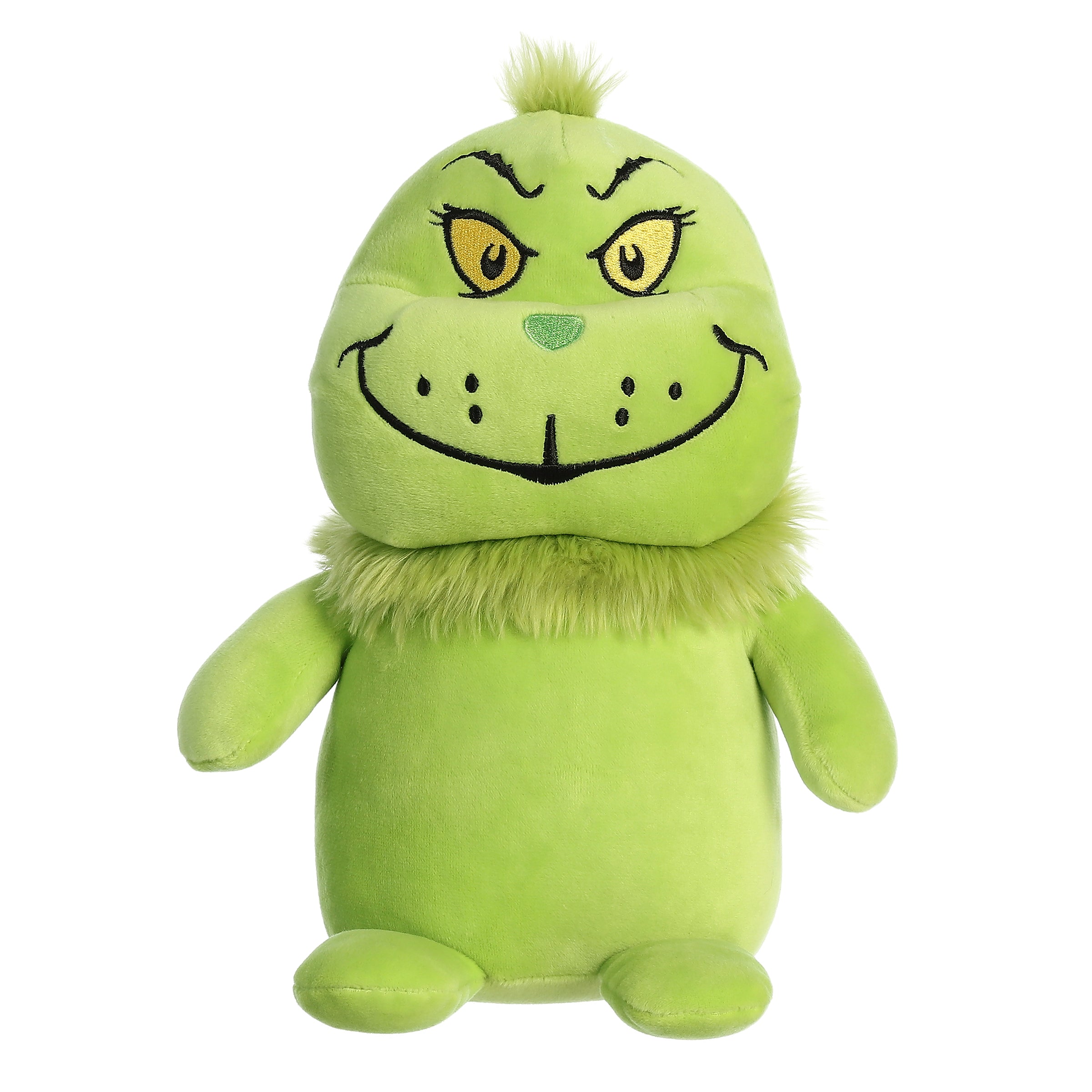 Squishy Grinch plush from Dr. Seuss by Aurora, featuring a soft fuzzy collar and a green hue