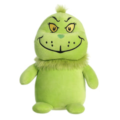 Squishy Grinch plush from Dr. Seuss by Aurora, featuring a soft fuzzy collar and a green hue