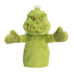 Grinch Hand Puppet plush from Dr. Seuss by Aurora, with a grouchy expression that smiles during play