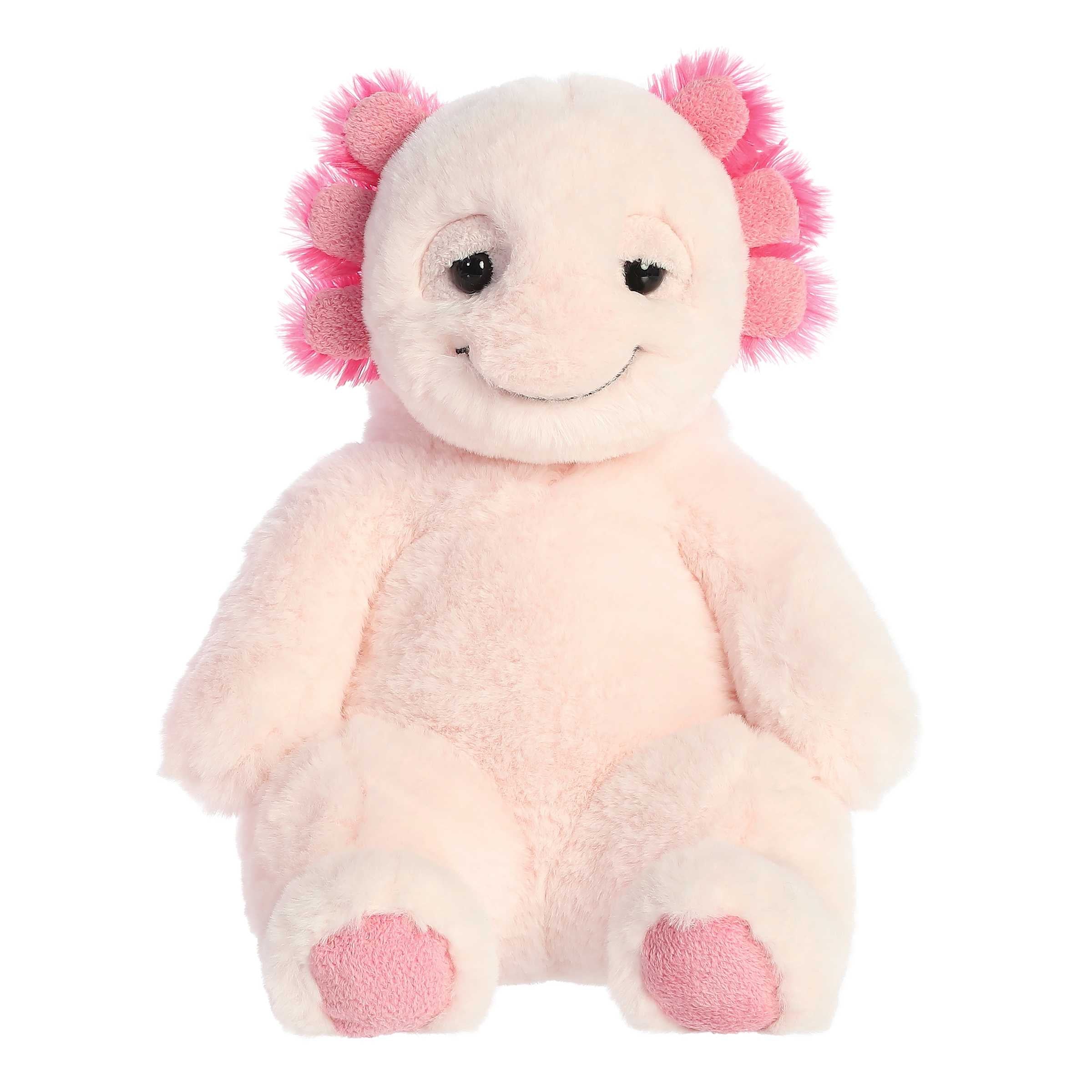Adorable pink axolotl plush with a relaxed posture and charming expression, made from high-quality, soft materials.