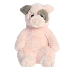 Cozy pink pig plush with a sleepy expression and relaxed posture, made from plush, soft fabric, ideal for cuddling.