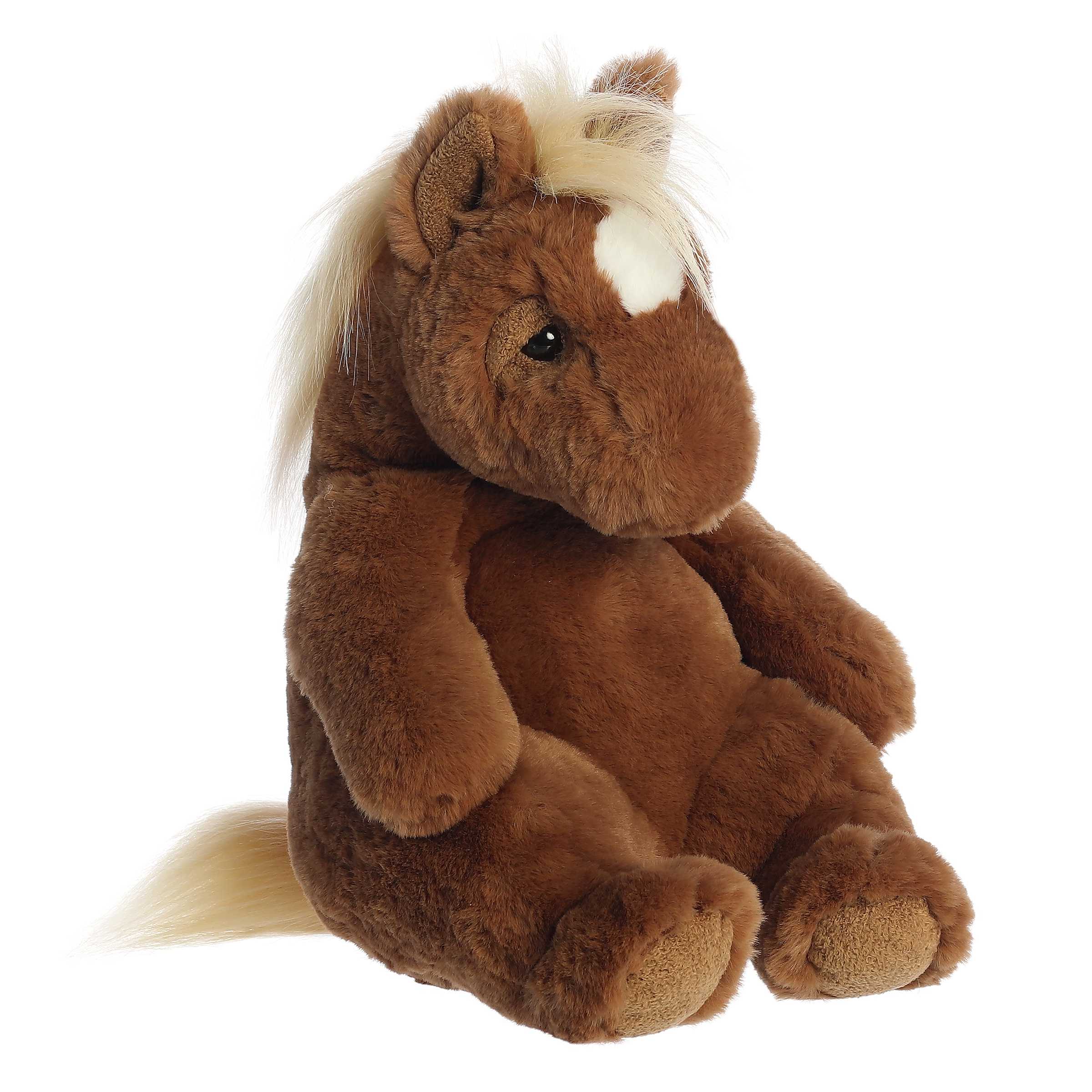 Chestnut stallion plush with soft brown fur, flowing blond mane, gentle eyes, and a relaxed posture, by Aurora plush.
