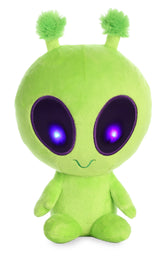 Plush toy of a green alien with light-up eyes and fuzzy fabric designed for intergalactic cuddles.