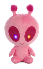 Plush toy of a pink alien with glowing eyes and soft fabric, perfect for out-of-this-world snuggles.