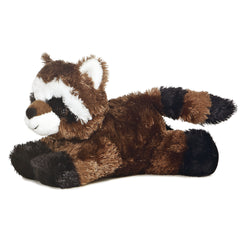 A brown and black raccoon plush toy from Aurora’s Mini Flopsie collection with masked markings