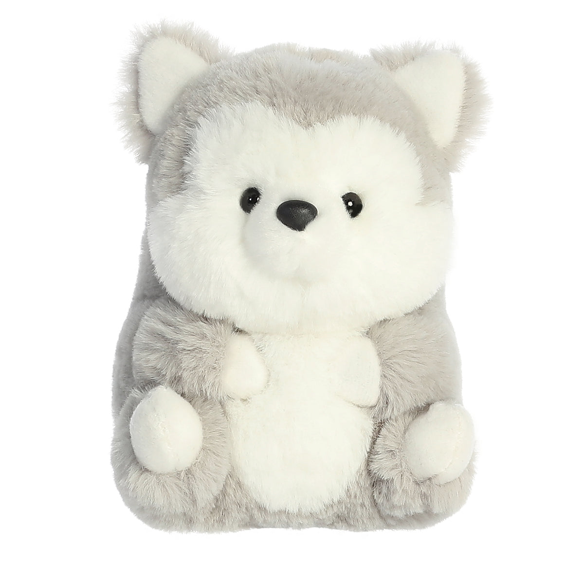 Husky plush with a soft light gray coat and white underbelly comfortably sitting on its rear with arms crossed and legs up.