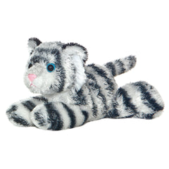A striped kitten plush toy from Aurora’s Mini Flopsie collection with bright blue eyes and a pink nose.