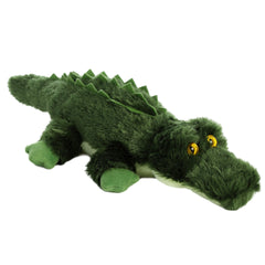 A green alligator plush toy from Aurora’s Mini Flopsie collection with textured fabric and yellow eyes.