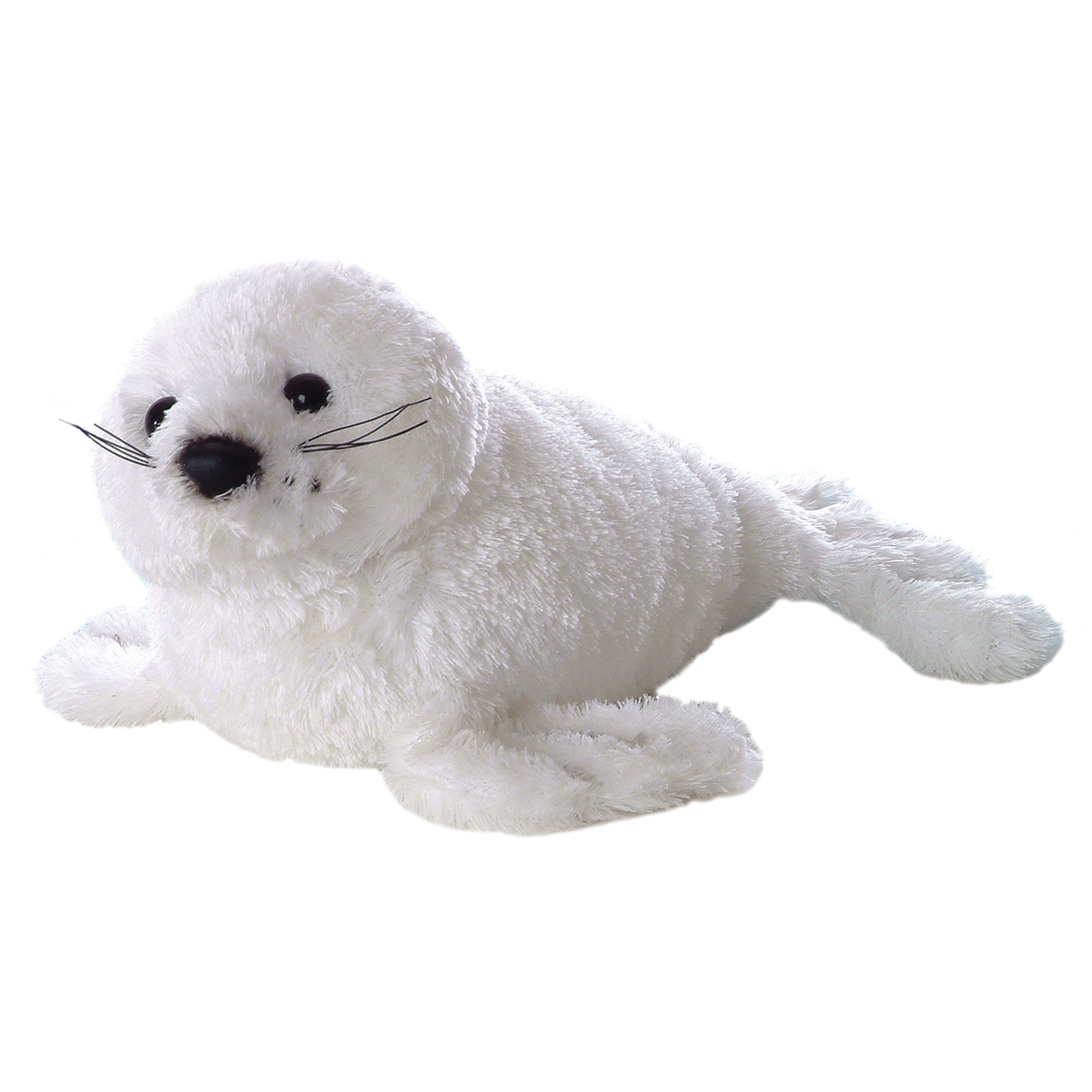 A white harp seal plush toy from Aurora’s Mini Flopsie collection with soft fur, whiskers, and expressive eyes.
