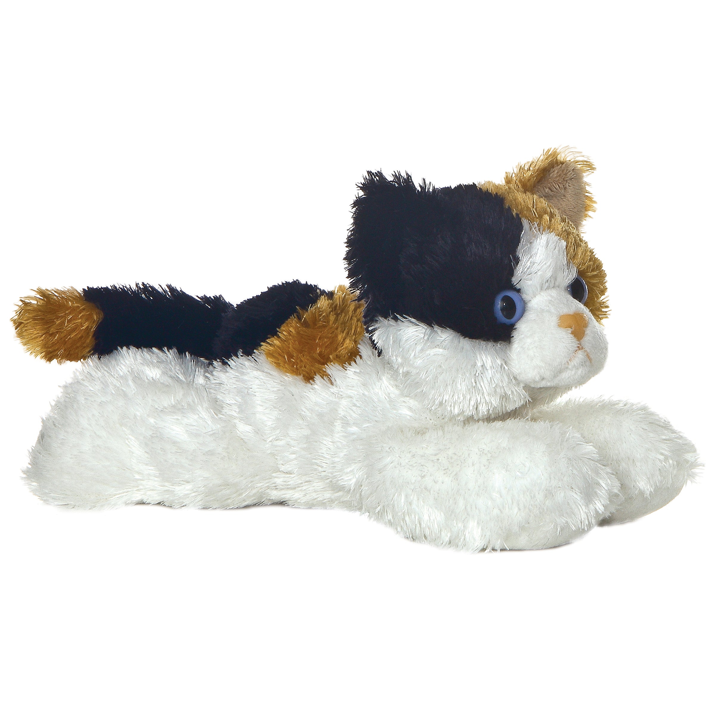 A tri-color kitten plush toy from Mini Flopsie by Aurora with bright blue eyes and a sweet face.