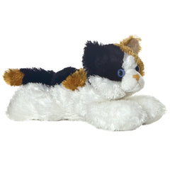 A tri-color kitten plush toy from Mini Flopsie by Aurora with bright blue eyes and a sweet face.