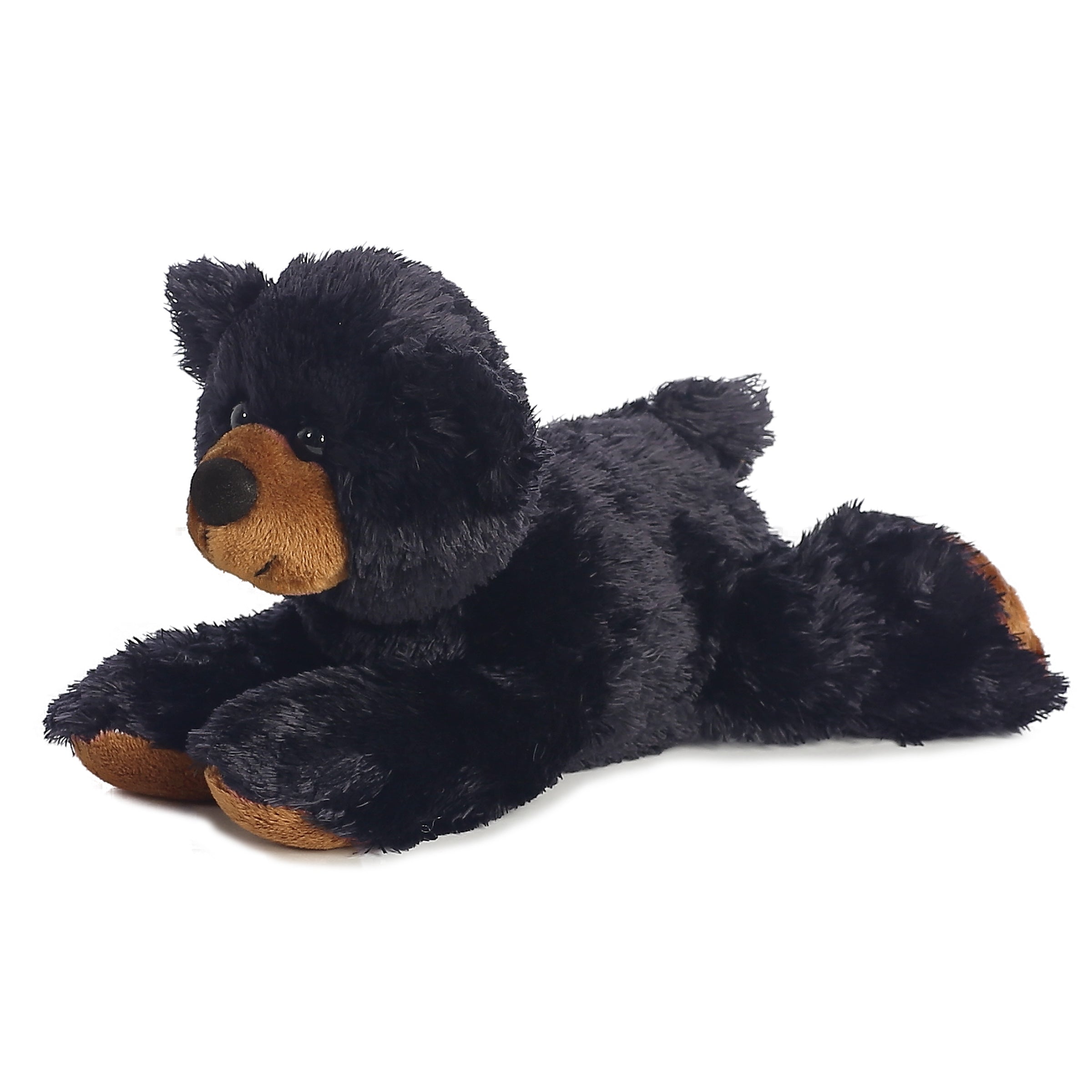 A black bear plush toy from Mini Flopsie by Aurora with a brown snout and soft paws.