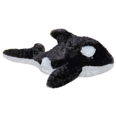 A black and white orca plush toy from Mini Flopsie by Aurora with a sleek body and fin details.