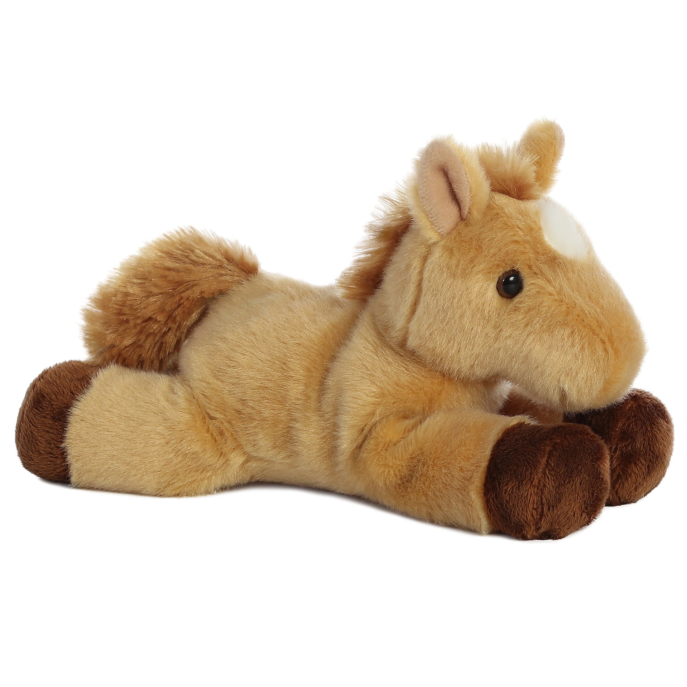 A caramel-colored horse plush toy from Mini Flopsie by Aurora with a white star and dark hooves.
