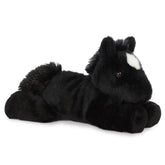 A black horse plush toy from Mini Flopsie by Aurora with a white forehead blaze and soft tail.