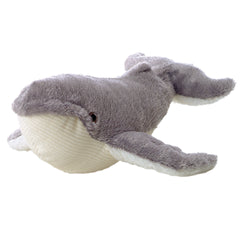 A grey whale plush toy from Mini Flopsie by Aurora with a cream underbelly and soft flippers.