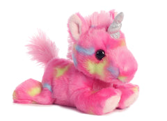 Jellyroll Unicorn plush from Aurora, in pink, blue, and yellow with a silver horn, ideal for whimsical collectors