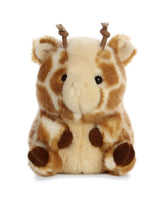A giraffe plush toy from the Rolly Pet collection by Aurora with spotted fur and small plush giraffe horns.