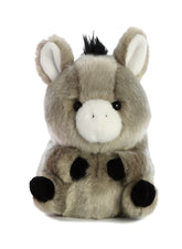 A grey donkey plush toy from the Rolly Pet collection by Aurora with soft fur and a round, cuddly shape.