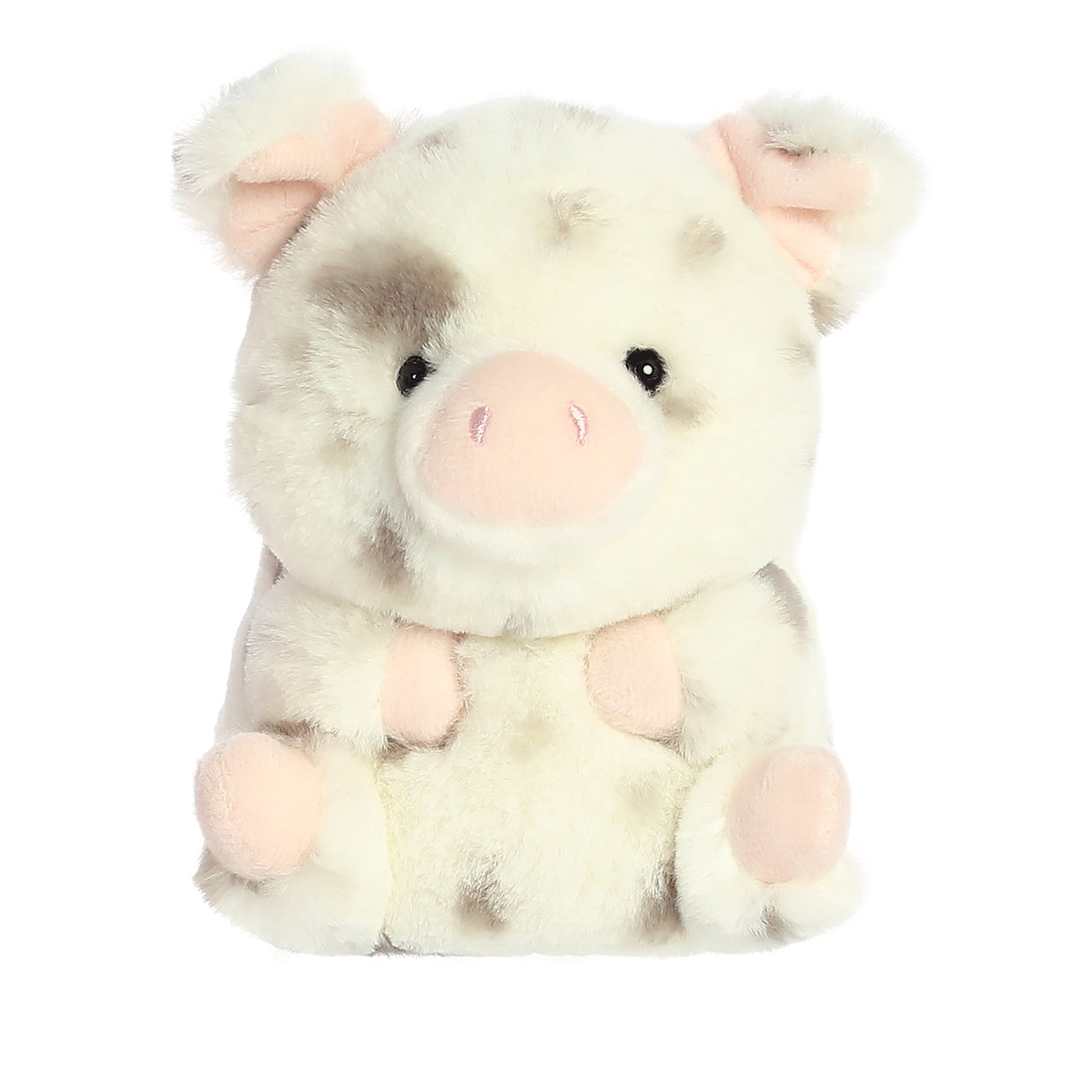 Pig plush in a unique white and gray spotted coat, featuring light pink accents on the nose, paws, and ears, rolling in fun.