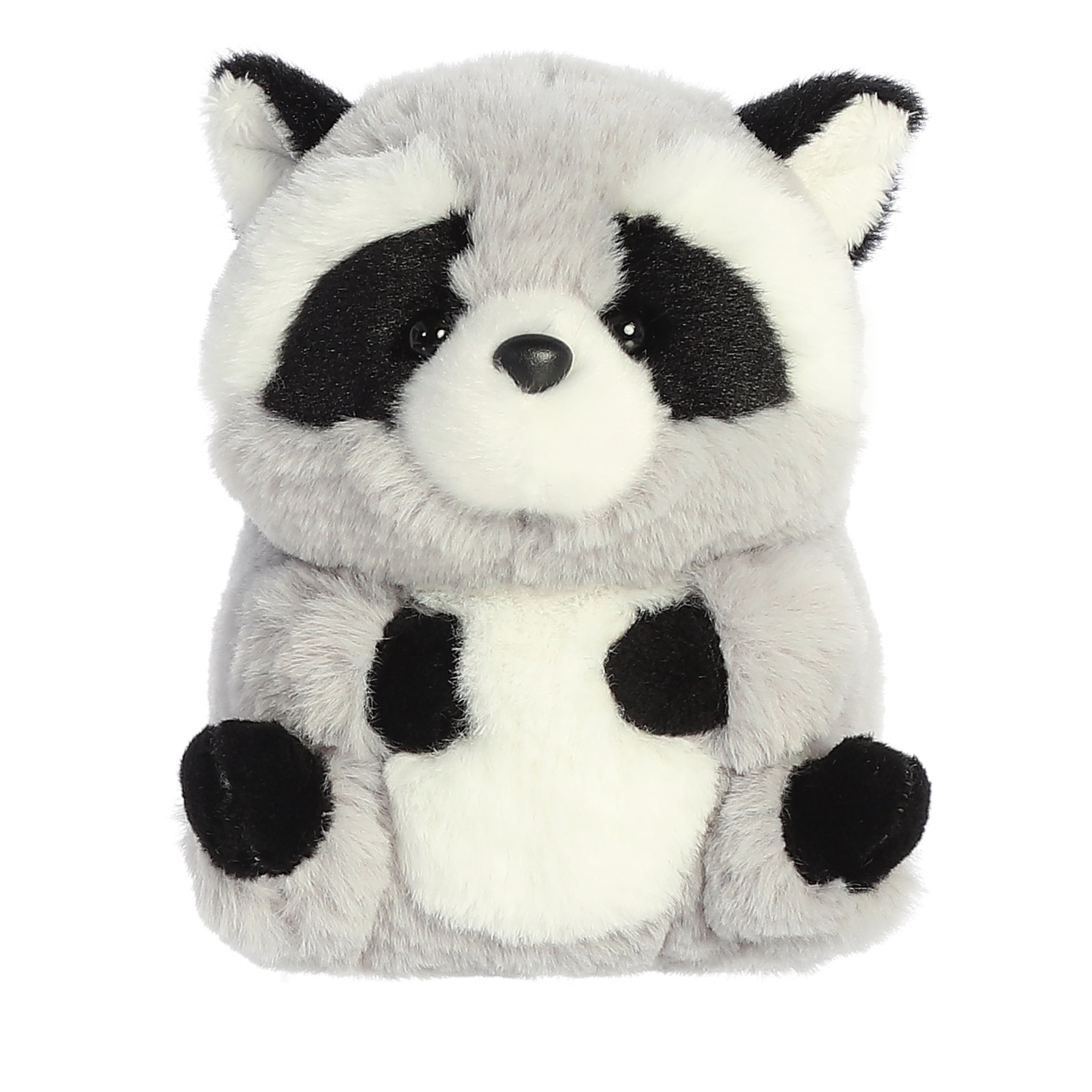 Raccoon plush, with black-framed eyes and white accents on a gray coat, perched playfully, with arms on the tum and legs up.