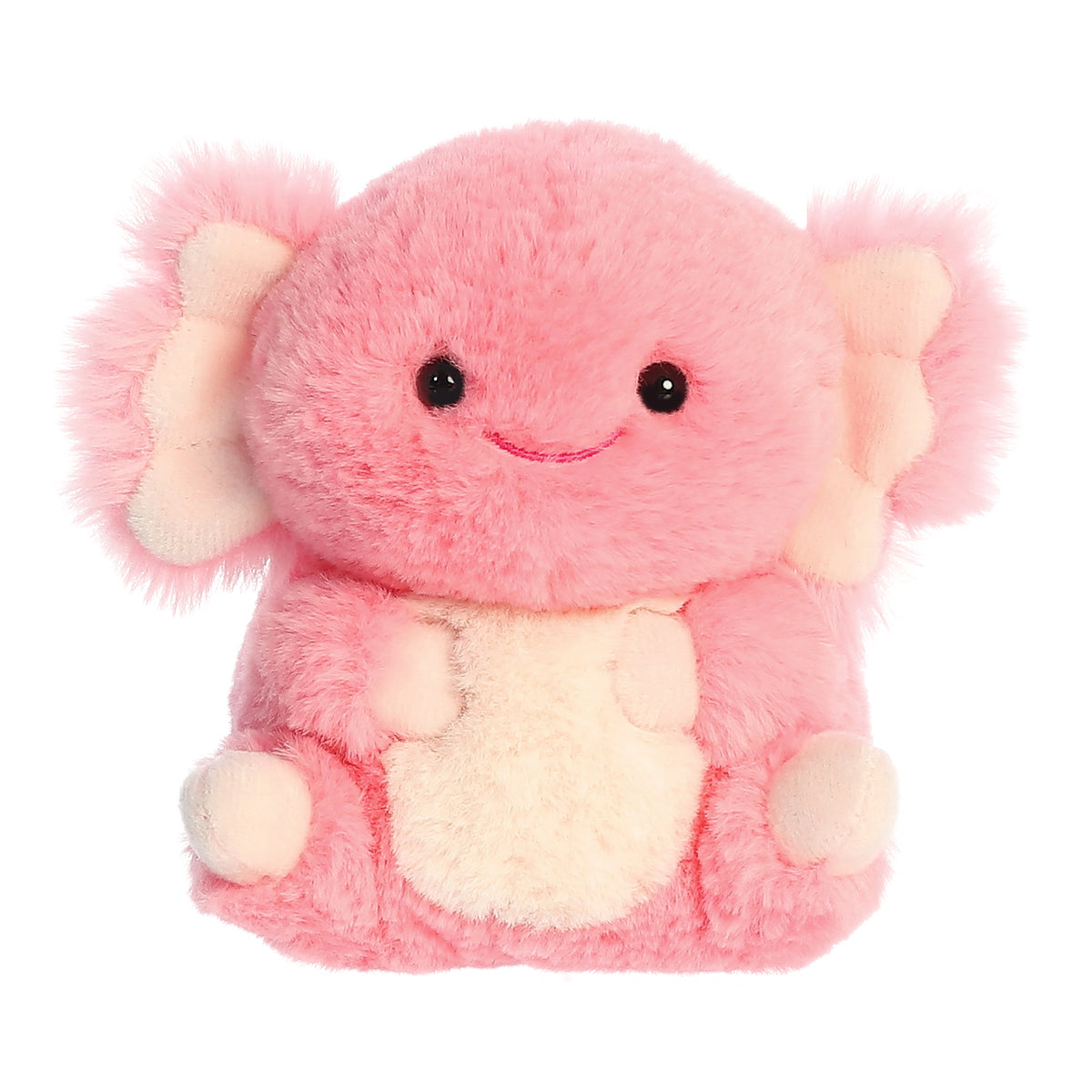 Axolotl plush, bright pink with light pink accents, cheerfully sitting, with its arms across its tummy and legs pointing up!