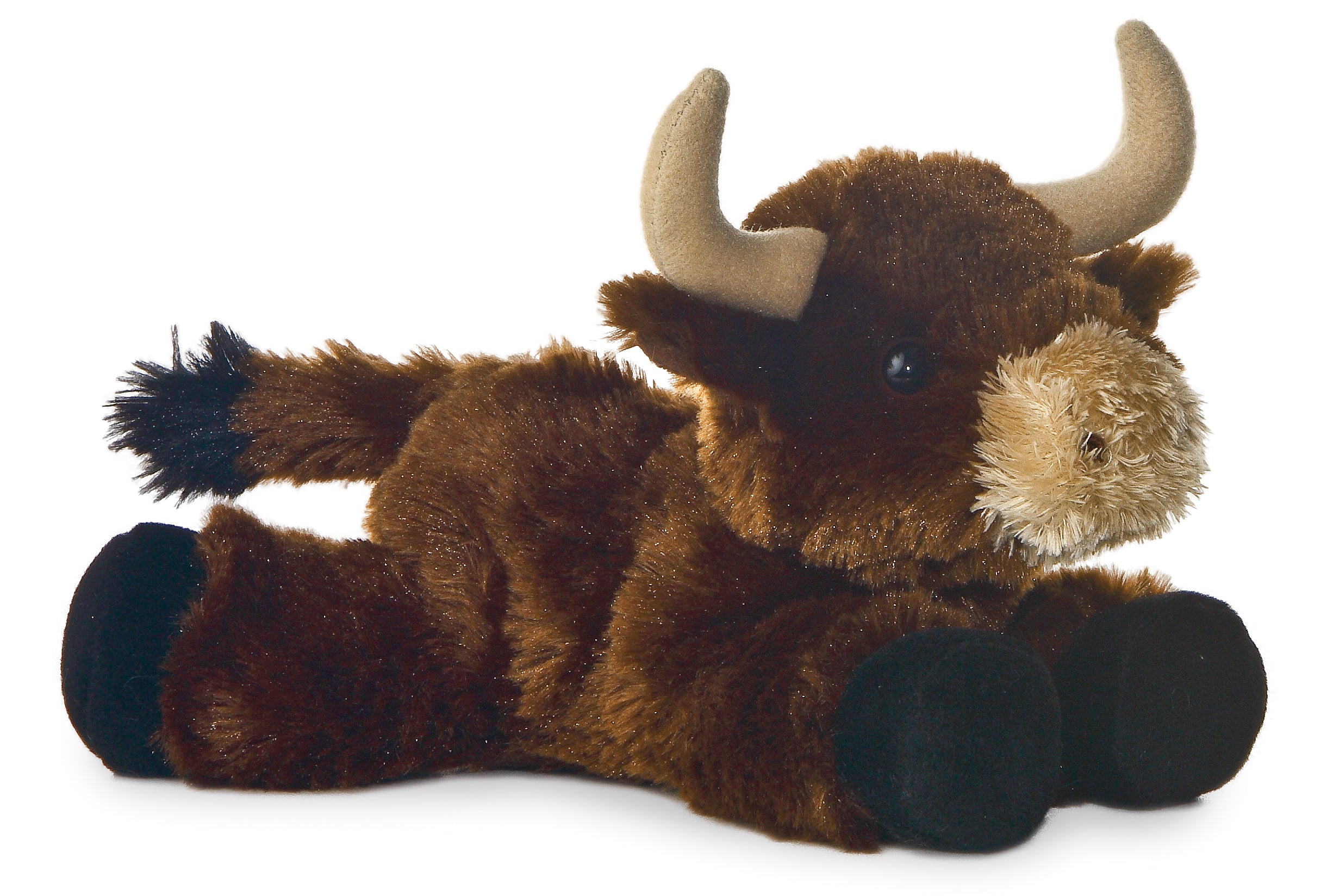 A brown bull plush toy from Mini Flopsie by Aurora with soft fur and curved horns.